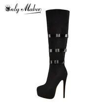 Onlymaker/ г. Женские черные высокие сапоги выше колена на высоком каблуке 16 см и платформе с пряжкой