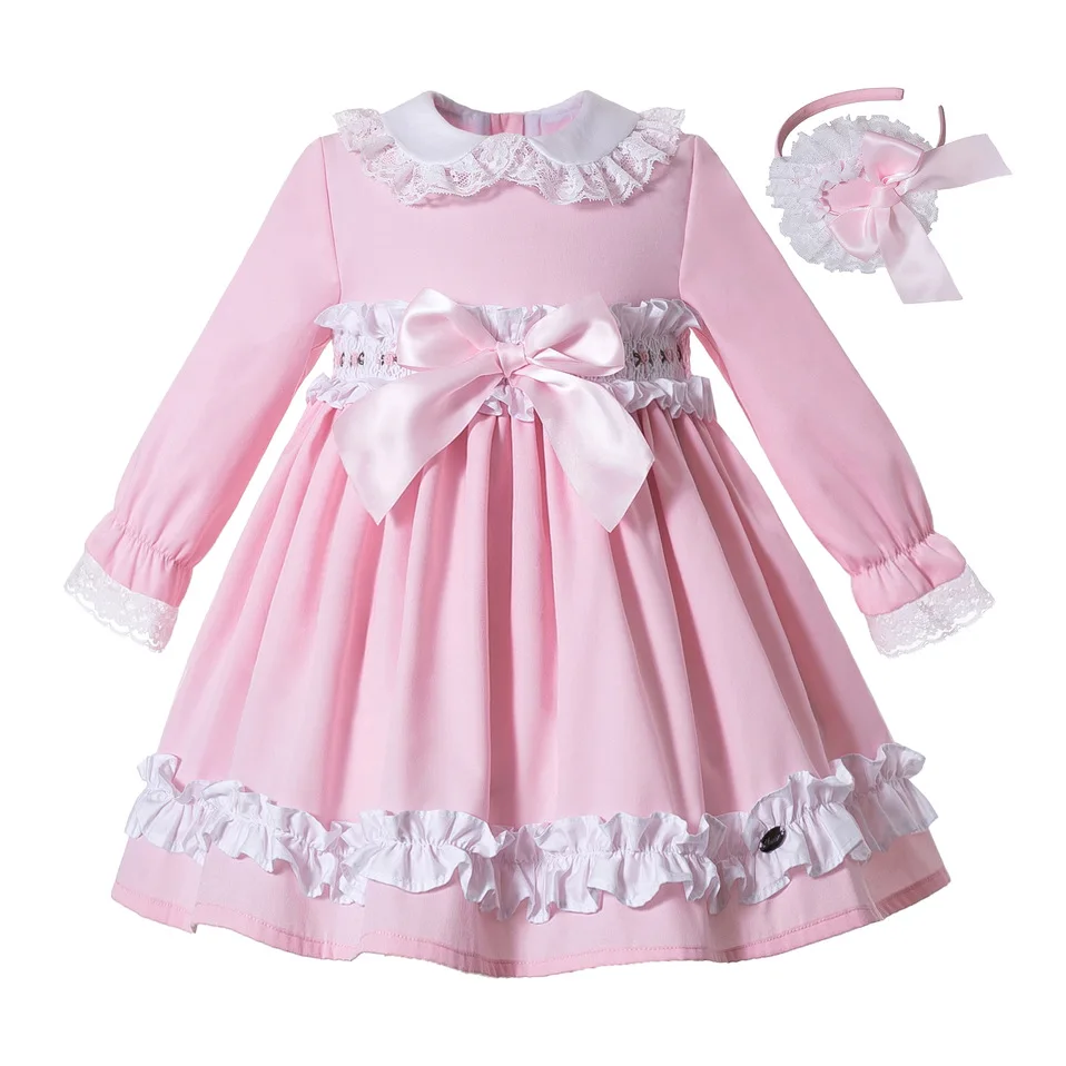 Pettigirl Pink Kids Dresses For Girls Handmade Smocked Big Bow Round Collar Kid Children Clothes Headdress | Детская одежда и