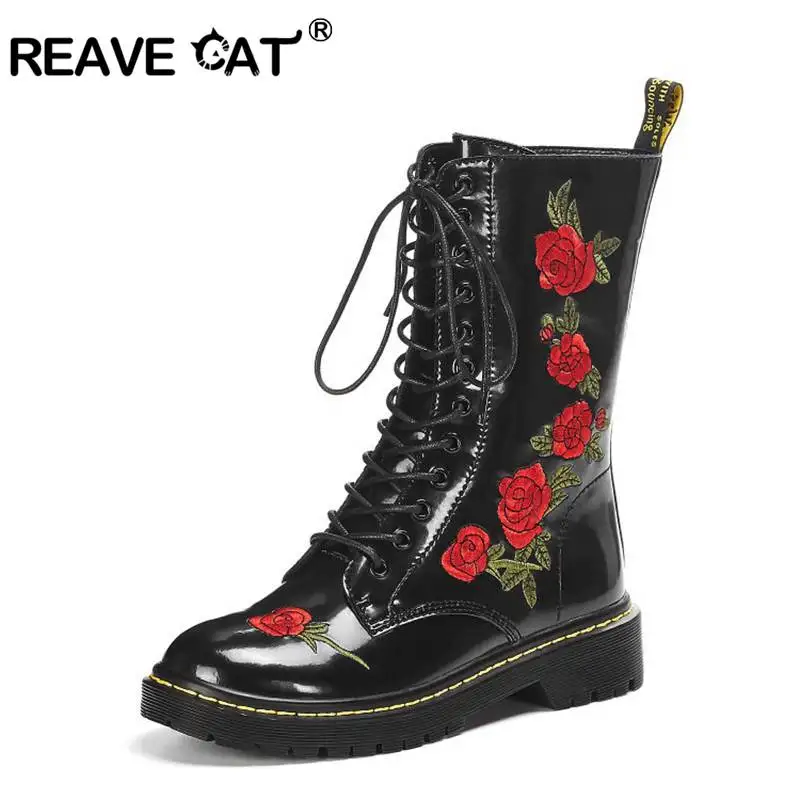 

REAVE CAT Women Boots Round Toe Square Heel Full Grain Leather Lace-Up Zipper Embroidery Flower 34-39 Black Casual Autumn A2599