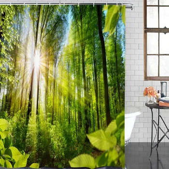 

Green Forest Sun Natural Landscape Bathroom Shower Curtains Bathroom Decor with Hooks Waterproof