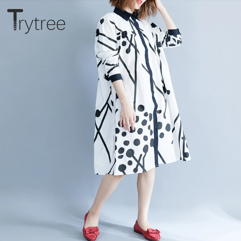 Trytree, осенняя повседневная женская блуза на пуговицах, хлопок, с принтом, длинный рукав, отложной воротник, Офисная Женская рубашка, свободные, а-силуэт, топы