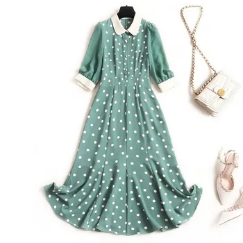 

Runway Designer Fashion Summer Dresses for Women 2020 New Clothes Elegant Peter Pan Collar Dot Print Midi Chiffon Dress Lady