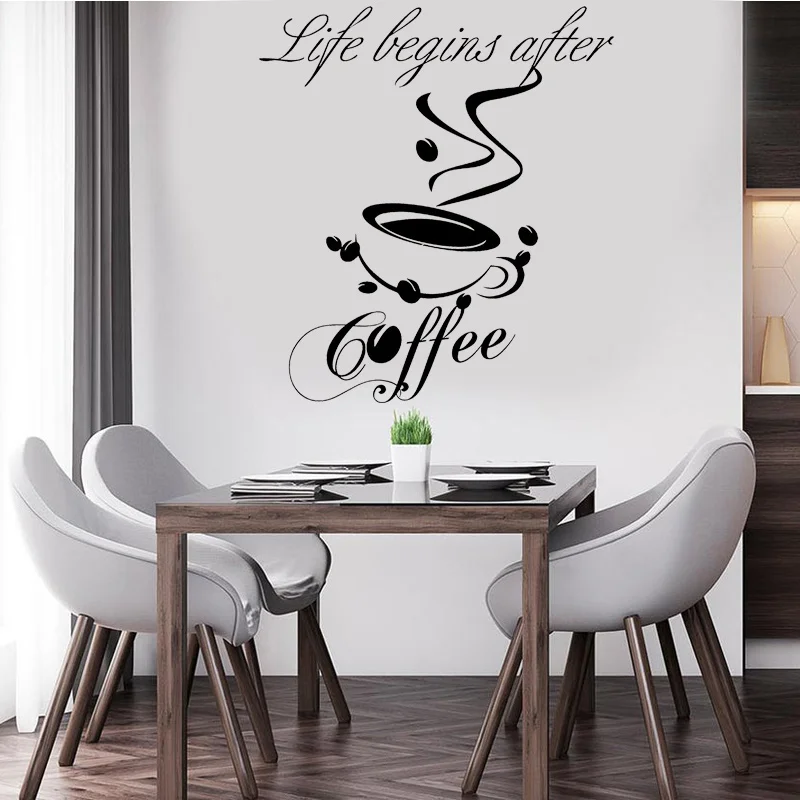 

Cafe Shop Decoration Wall Art Decals Life Begins After Coffee Quotes Vinyl Home Kitchen Wall Stickers Cafe Cup Coffee Beans S451