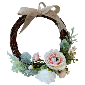 

Artificial Flowers Rose Wreath with Green Leaves for Front Door Office Wall Garden Wedding Festival Decor 26cm
