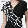 Fashionable Thin Female Shirt Spliced Printed Slim V-Neck Ladies Top Short Sleeved Temperament Elegant Women Summer Blouses New 4