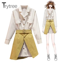 Trytree/ осенний женский костюм из двух предметов, повседневные полосатые карманы с отложным воротником, платье-рубашка+ юбки с поясом, мини-комплект из 2 предметов