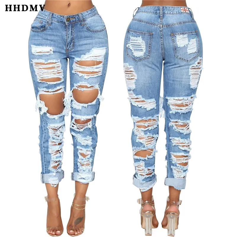 HHDMV HSF2061 снижение возраста личности хип-хоп стиль длинные джинсовые штаны Высокая талия пуговицы сломанная дыра Маленькие ноги брюки