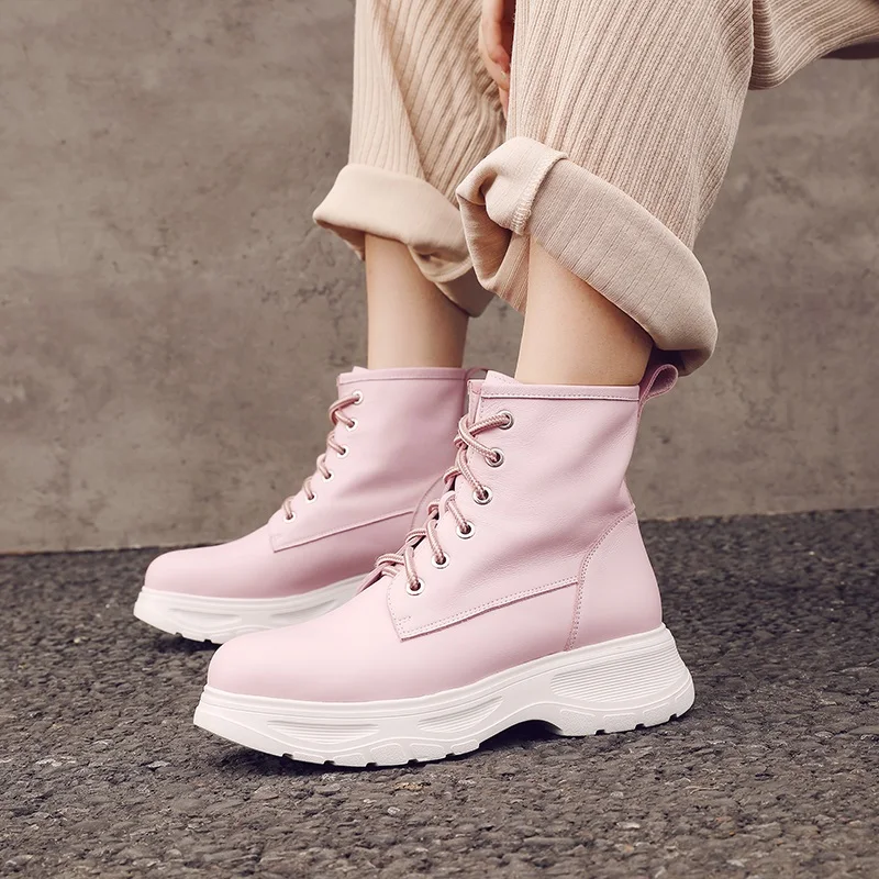 ZVQ gothic green motorcycle boots winter genuine leather cute woman pink martin boots yellow 4.5cm mid heels women's shoes 42CN
