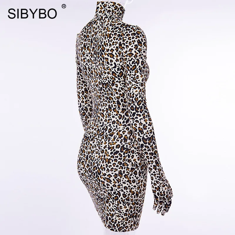 SIBYBO, леопардовое платье с воротником под горло, повседневное платье, женская мода, длинный рукав, хлопок, мини, облегающее, сексуальное, вечерние, платье