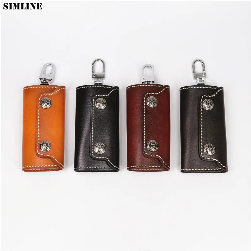 SIMLINE Genuine Cow Leather Key Wallet Men Male Vintage Handmade Keys Wallets Purse Case