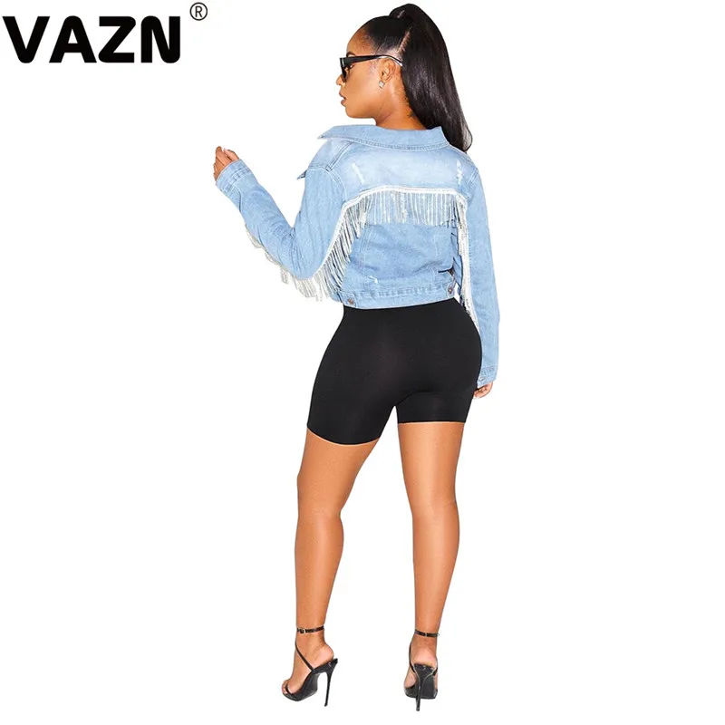 VAZN BS1129 новые джинсовые Верхняя одежда тяжелая промышленность кисточка повседневная одежда с длинным рукавом Дикий Джокер Женская Мини верхняя одежда