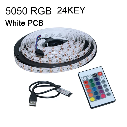 Светодиодная лента с питанием от USB, 5 В, Светодиодная лента USB 5050, 50 см, 1 м, 2 м, 3 м, 4 м, 5 м, освещение для ТВ фона, белый, черный, pcb 60 Светодиодный s/M настольная декоративная лампа - Испускаемый цвет: White PCB RGB 24KEY
