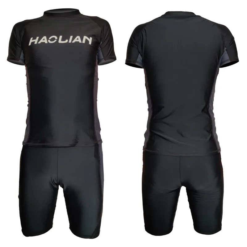 New Men's Swimwear Suit Short-sleeved Shirt Boxer Swim Trunks Loose XL Split Swimwear Quick-drying - Цвет: Black 9590