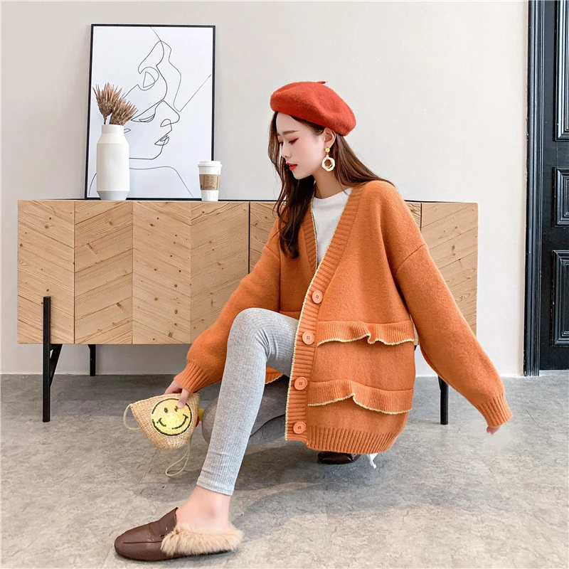 [EAM] Button Ruffles Spliced Big Size Knitting Sweater Loose Fit V-Neck Long Sleeve Women New Fashion Autumn Winter JZ108