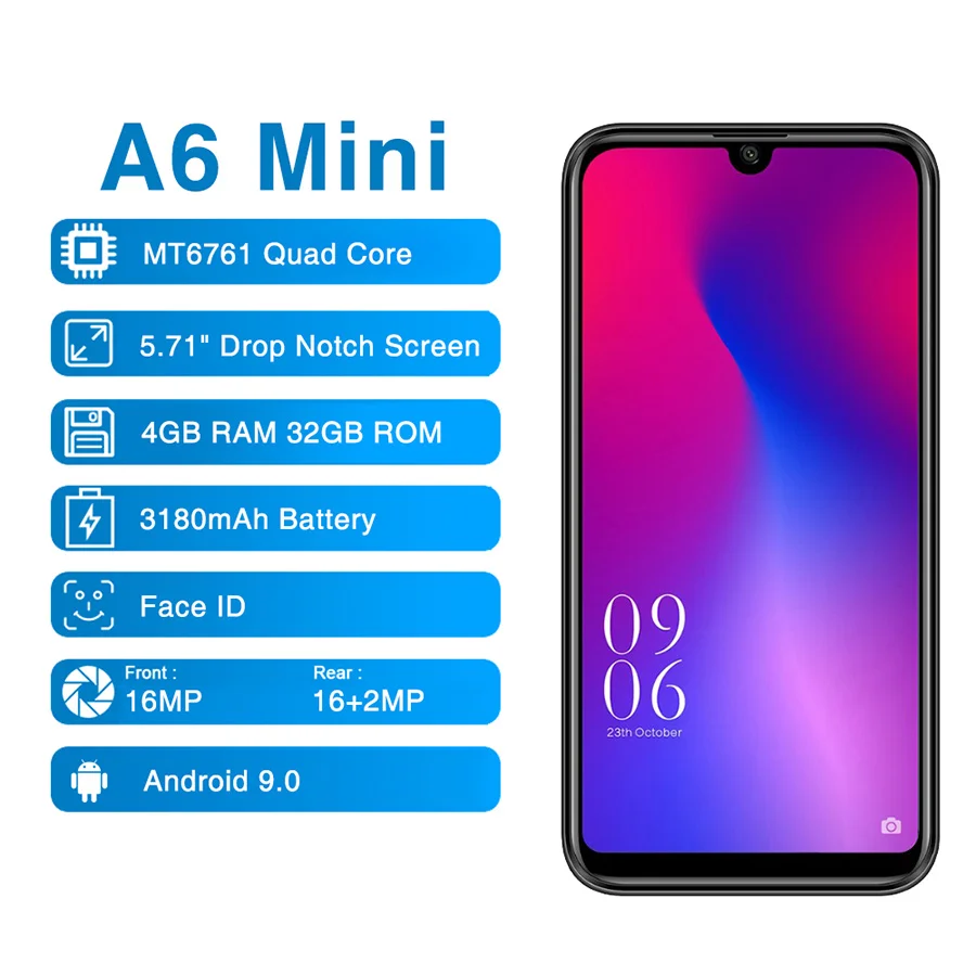 

Elephone A6 Mini MT6761 Quad Core Cell Phone HD+Screen 5.71'' Android 9.0 Smartphone 4GB RAM 32GB ROM 16MP 4G Mobile Phone