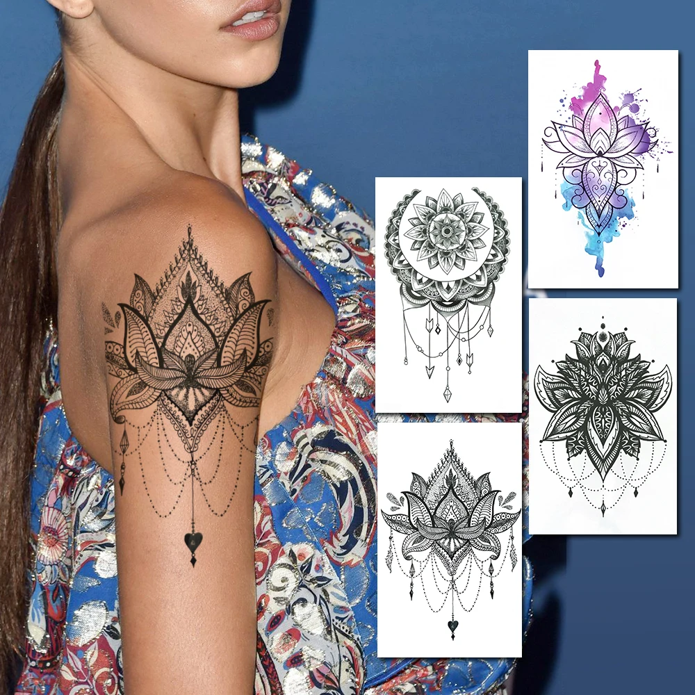 

Colorful Lotus Temporary Tattoos For Women DIY Fake Jewelry Tattoo Sticker Owl Mehndi Mandala Henna Moon Tatoo Chest Back Chains