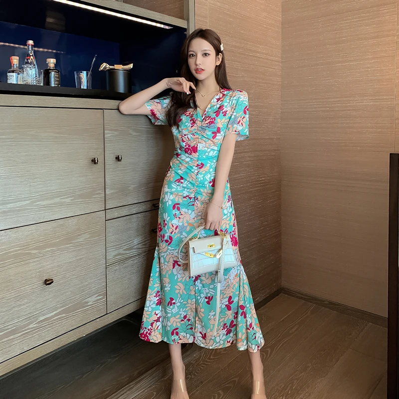 

VICONE printing smoke plait to collect waist high split summer new hem short-sleeved dress costume