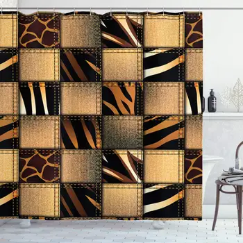 

Safari Shower Curtain, Jeans Denim Patchwork in Safari Style Wilderness Design Art Print, Cloth Fabric Bathroom Decor Set with