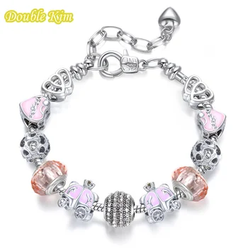 

Charm Bracelets Alloy Zircon Silver Plated Pumpkin Car Pendant Pink Beads Lobster Clasp for European Woman Wife Gifts Wholesale