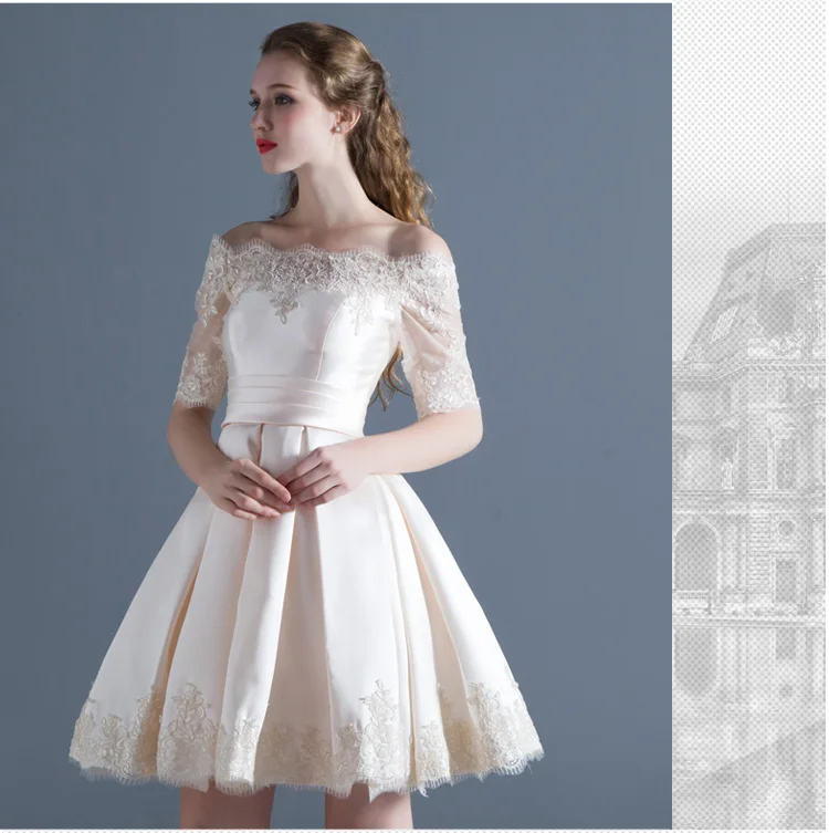 

Short Wedding Dress Boat Neck Satin Lace Half Sleeve Simple Wedding Gown Cheap Vestido De Noiva Vintage Sexy Wedding Gown