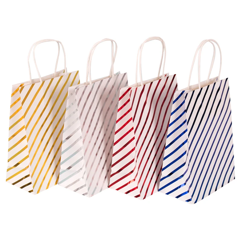 

10 Pcs/lot Lovely Golden Red Blue Hot stamping Striped stars Paper Bags With Handle for wedding birthday party 21*15*8cm
