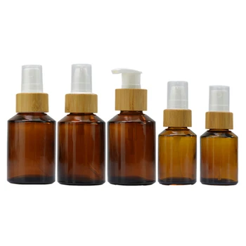 

50pcs 30ml 60ml luxury amber glass cosmetic bottle with bamboo pump for lotion bamboo spray mist cap perfume glass spray bottle