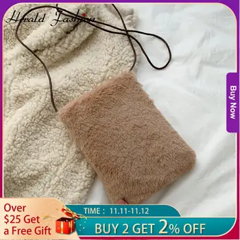 

Women Plush Tote Handbags Simple Fluffy Warm Cloth Shopping Bags Lamb Like Fabric Makeup Bag Girls Cute Cartoon Canvas Purses