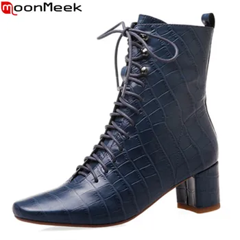 

MoonMeek 2020 New arrival high quality genuine leather ankle boots med heels square toe fashion lace up winter women boots