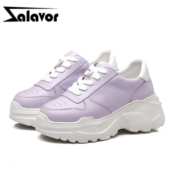 

ZALAVOR Solid Color Women Casual Shoes Real Leather Sneakers Lace Up Comfort Thick Bottom Vulcanized Shoes Women Size 34-39