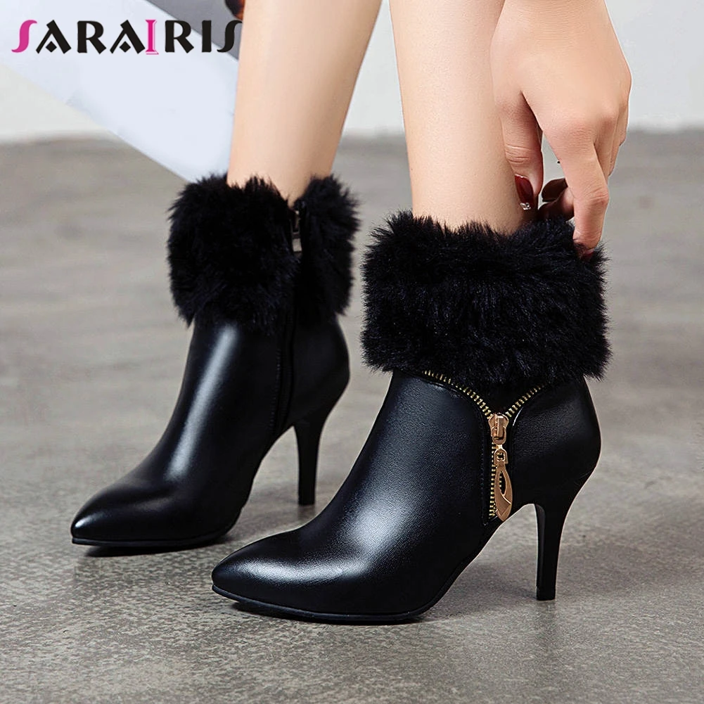 

SARAIRIS Female Elegant Solid Pointed Toe Ankle Boots Thin High Heels Boots Women Cool Zipper Decorating Fashion Shoes Woman