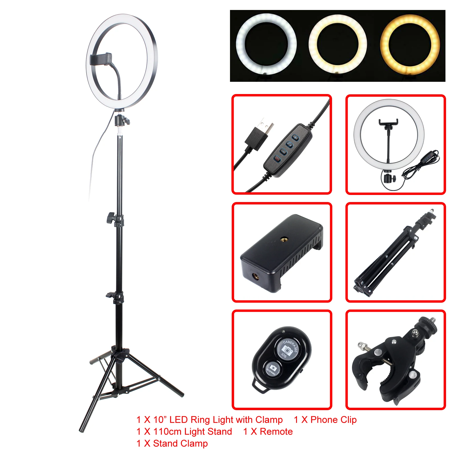 

LED Ring Light Dimmable Selfie Ring Lamp Photographic Lighting With Tripod Light Stand Phone Holder for Live YouTube