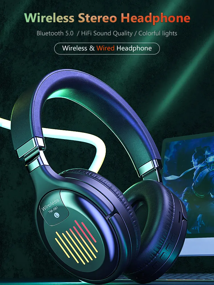 Wireless Headphone Bluetooth headset Folded Hifi Stereo Gaming Earphone support FM SD