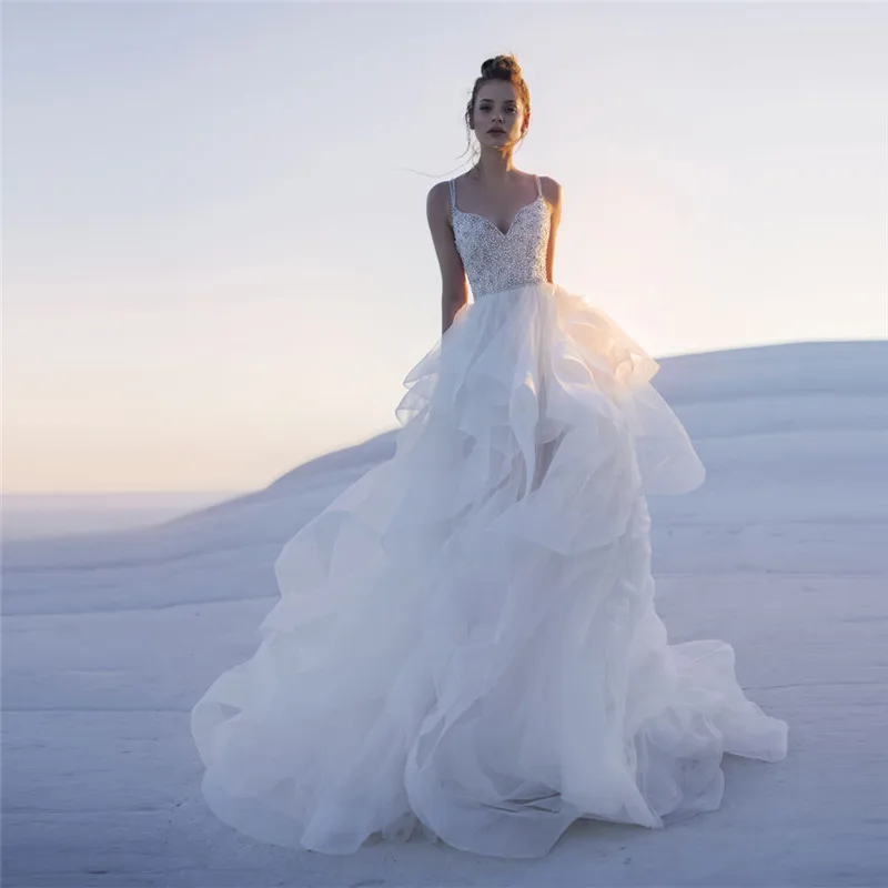 

2021 Sexy Spaghetti Strips Tulle Ruffles Wedding Dresses Beaded Top Backless Bride Party Gowns Robe De Mariage Spring Beach