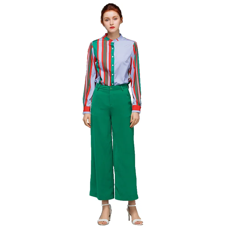 VKBN летние женские комплекты из двух предметов отложная полосатая рубашка с воротником и широкие брюки женская одежда - Цвет: Picture