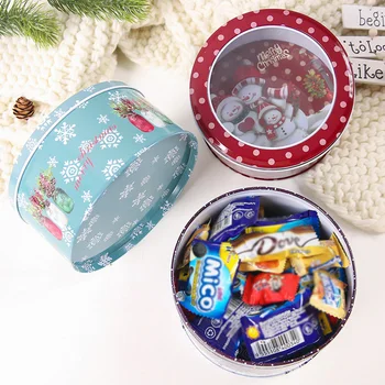 

Portable Round Gift Boxes Christmas Santa Claus Snowman Printed Tin Case Decorative Candy Gift Box Storage Container