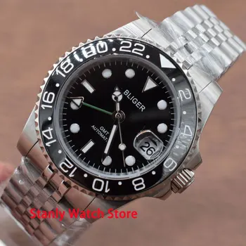 

Solid Bliger 40mm Black Dial Luminous Date Display GMT Function Sapphire Glass Jubilee Automatic Movement Mechanical Men's Watch