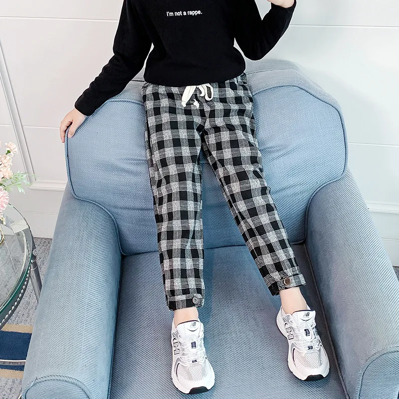 

Teen Girl Pants Autumn Winter Plaid Pattern Pants Baby Girl Drawstring Harem Pants School Children Trousers 5 7 9 11 13 14 Years