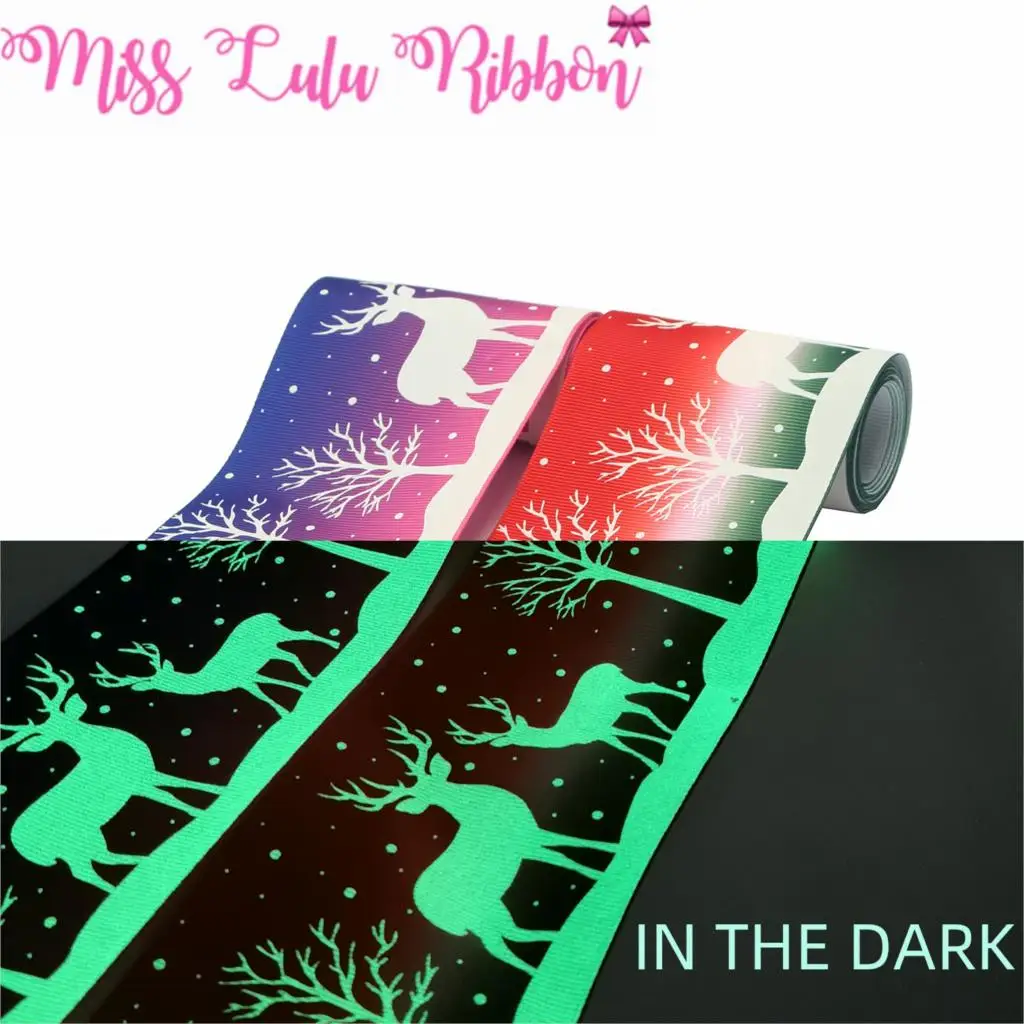 

3"75mm White Ink Printing Glow in the Dark Christmas Cartoon Elk Snow Gradient Color Printed Grosgrain Ribbon DIY 50yards/roll