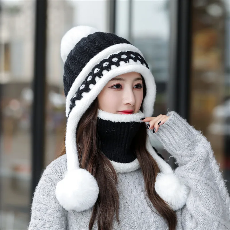 2021 Woolen Hat Women Winter Ear Protection Knitted Hat Bib Two-piece Plus Velvet Warm and Windproof Cycling Hat