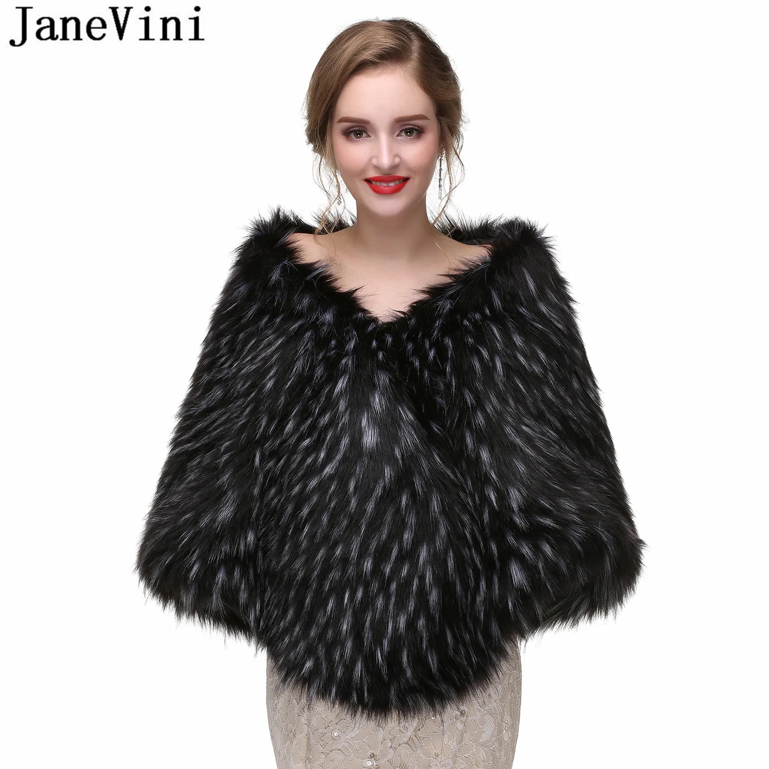 JaneVini Winter Black Cape Shawl Wedding Faux Fur Bolero Women Jacket Warm Fur Capes Shoulder Wraps Stoles bolero mariage 2021