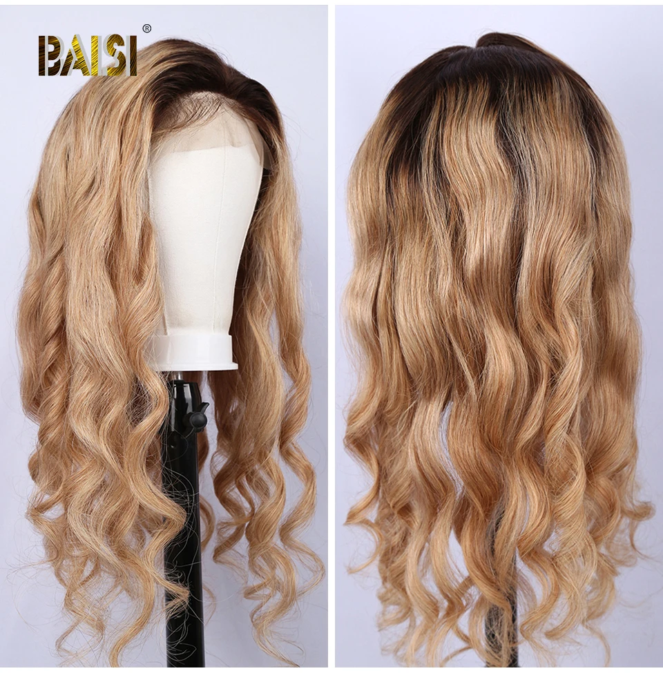 BAISI honey Blonde кружевные передние человеческие волосы парики бразильские Виргинские волнистые человеческие волосы с предварительно сорванные парики из волос для женщин