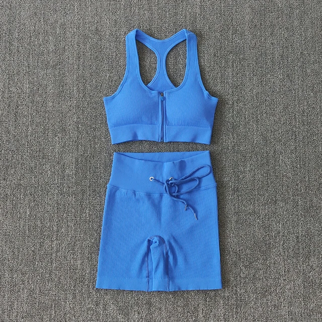 Seamless Women Yoga Set Workout Sportswear Gym Clothing Zipper Long Sleeve High Waist Leggings Fitness Bra Athletic Sports Suits BraShortsBlue