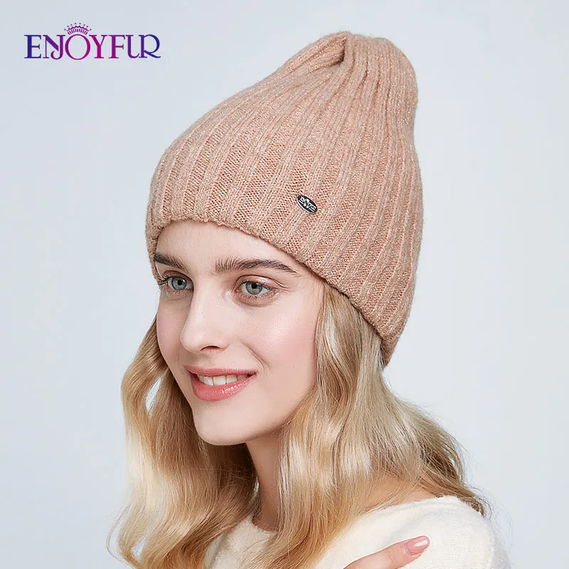 ENJOYFUR Thick warm winter hats for women soft mohair knitted female caps double lining beanies