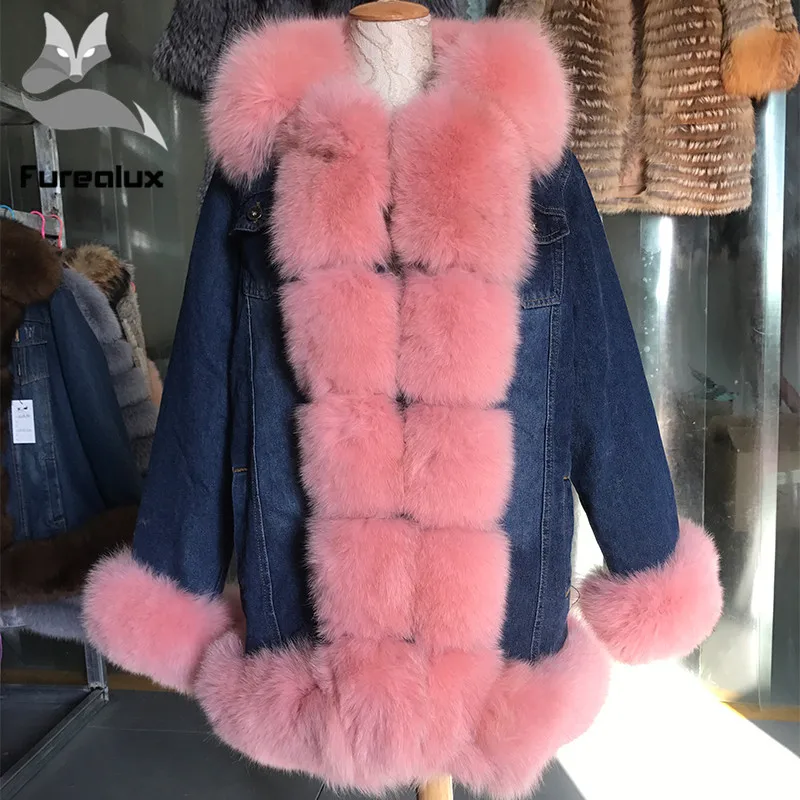 Furealux джинсовая парка, пальто с натуральным мехом, зимняя куртка для женщин, пальто из натурального Лисьего меха, толстая теплая меховая парка, куртка из натурального меха