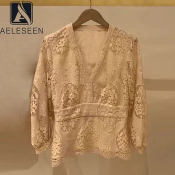 

AELESEEN Runway Fashion Lace Blouse 2020 Spring Summer High Quality Flower Embroidery Hollow Out Puff Sleeve V-Neck Blouse