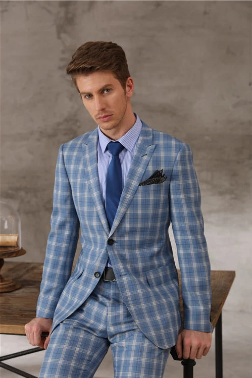 Сделанный на заказ высококачественный 150 шерстяной и кашемировый костюм Небесно-Голубой клетчатый мужской нагрудный костюм на заказ