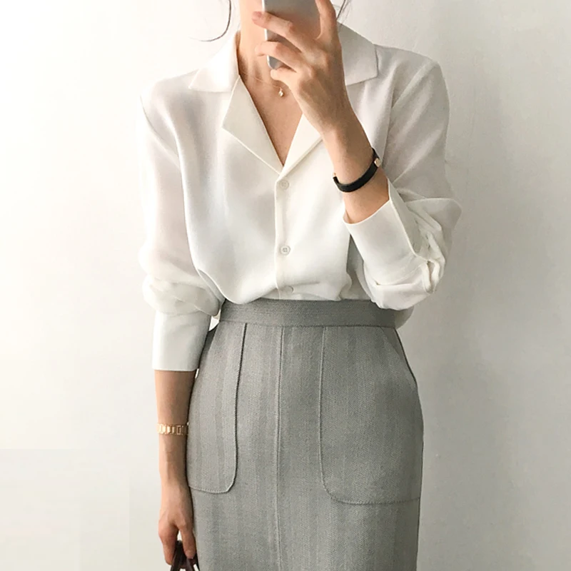 

Solid White Chiffon Blouse Office Shirt Blusas Mujer De Moda 2019 Long Sleeve Women Shirts Clothes Women Tops and Blouses