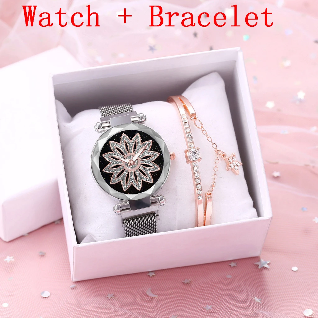 silver bracelet Женские часы на ремешке с цветочным узором, повседневные Роскошные Кварцевые наручные часы с магнитной пряжкой, Relogio Feminino - Цвет: silver bracelet