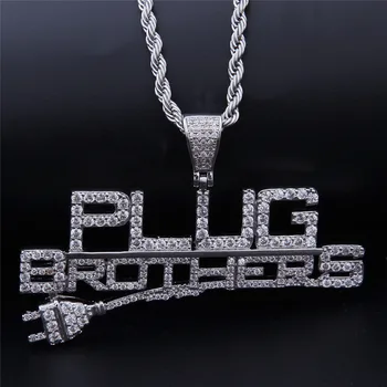 

NEW Creative Plug Pendant With Letters Brothers Pendant Pave Bling Clear Cubic Zircon Hip Hop Iced Out Necklace Jewelry Gift