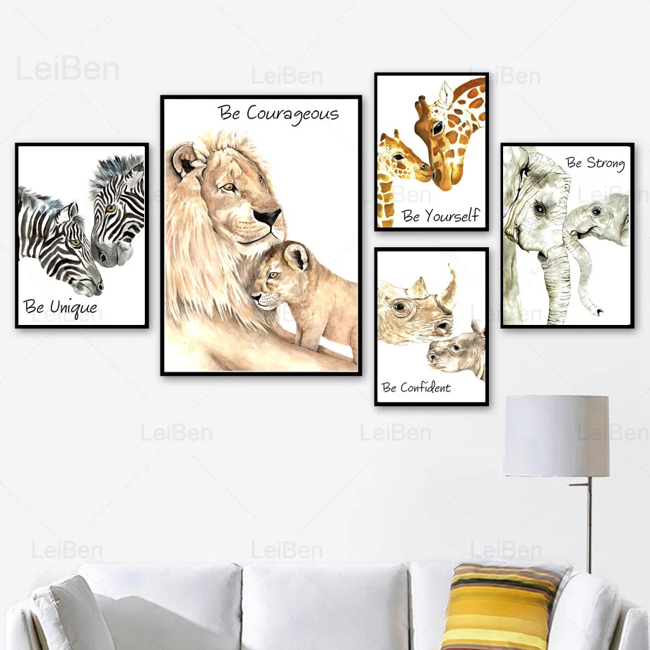 

Animal Warm Canvas Painting Lion Giraffe Zebra Elephant Rhino Wall Art Poster Home Decoration Living Room Pictures Without Frame